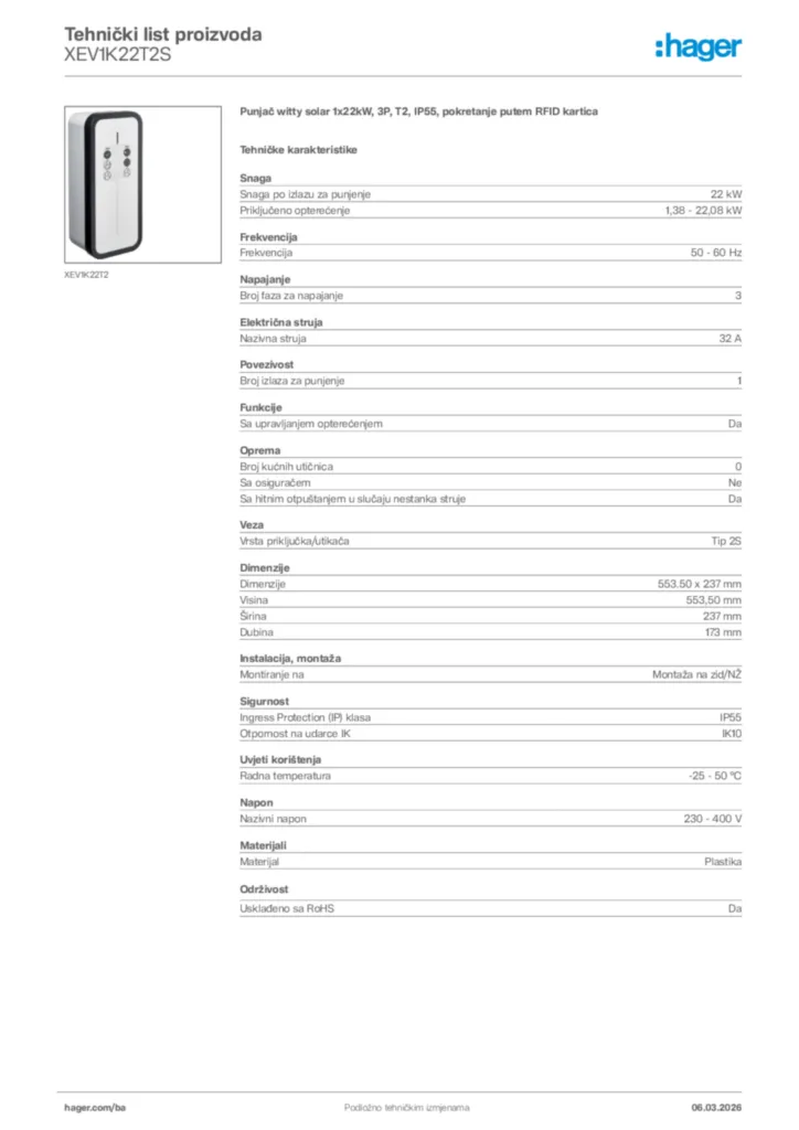 Slika Hager Tehnički list proizvoda XEV1K22T2S  | Hager