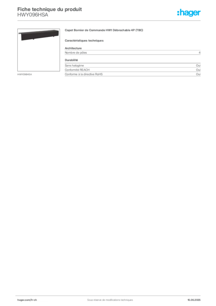 Image Hager Fiche technique du produit HWY096HSA | Hager Suisse