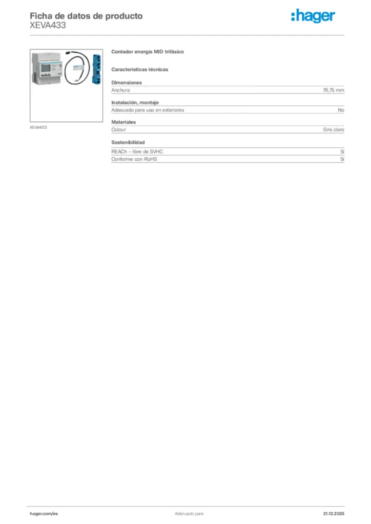 Imagen Hager Ficha de datos de producto XEVA433 | Hager España