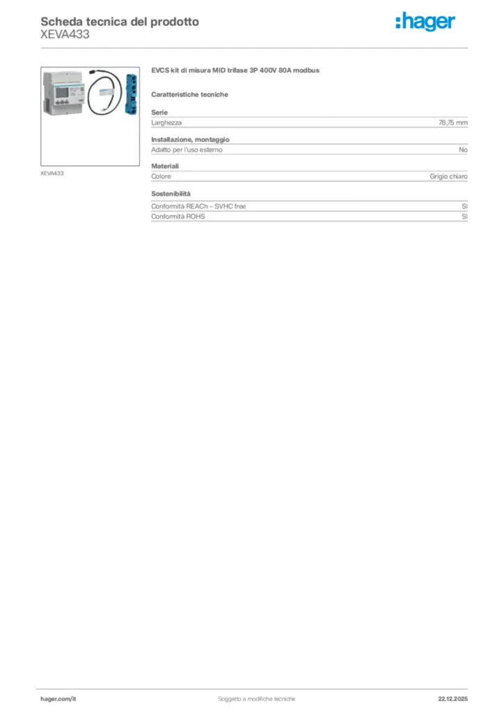 Immagine Hager Scheda tecnica del prodotto XEVA433 | Hager Italia