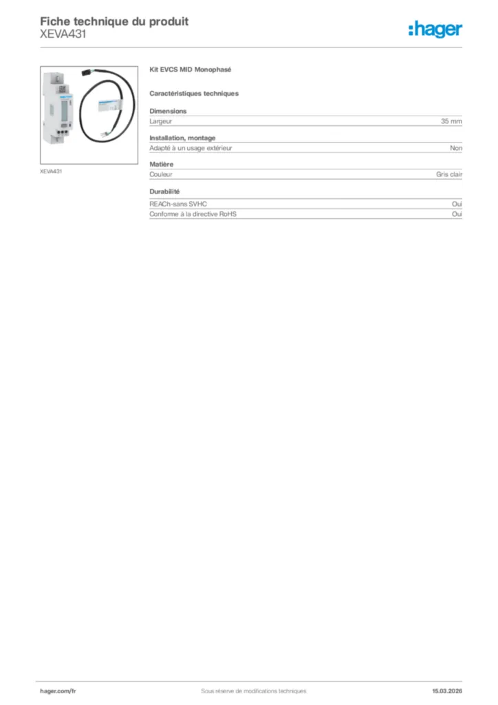 Image Hager Fiche technique du produit XEVA431 | Hager France