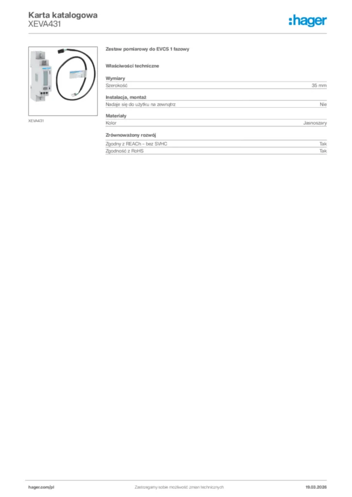 Zdjęcie Hager Karta katalogowa XEVA431 | Hager Polska