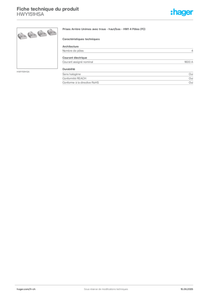 Image Hager Fiche technique du produit HWY151HSA | Hager Suisse