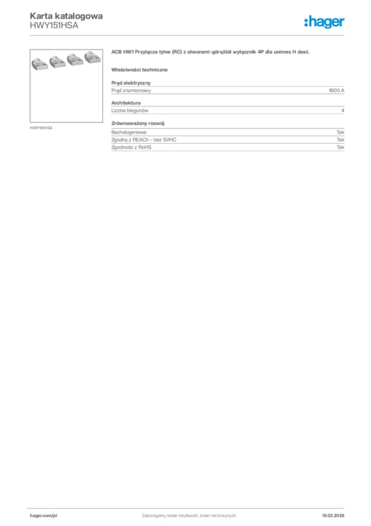 Zdjęcie Hager Karta katalogowa HWY151HSA | Hager Polska