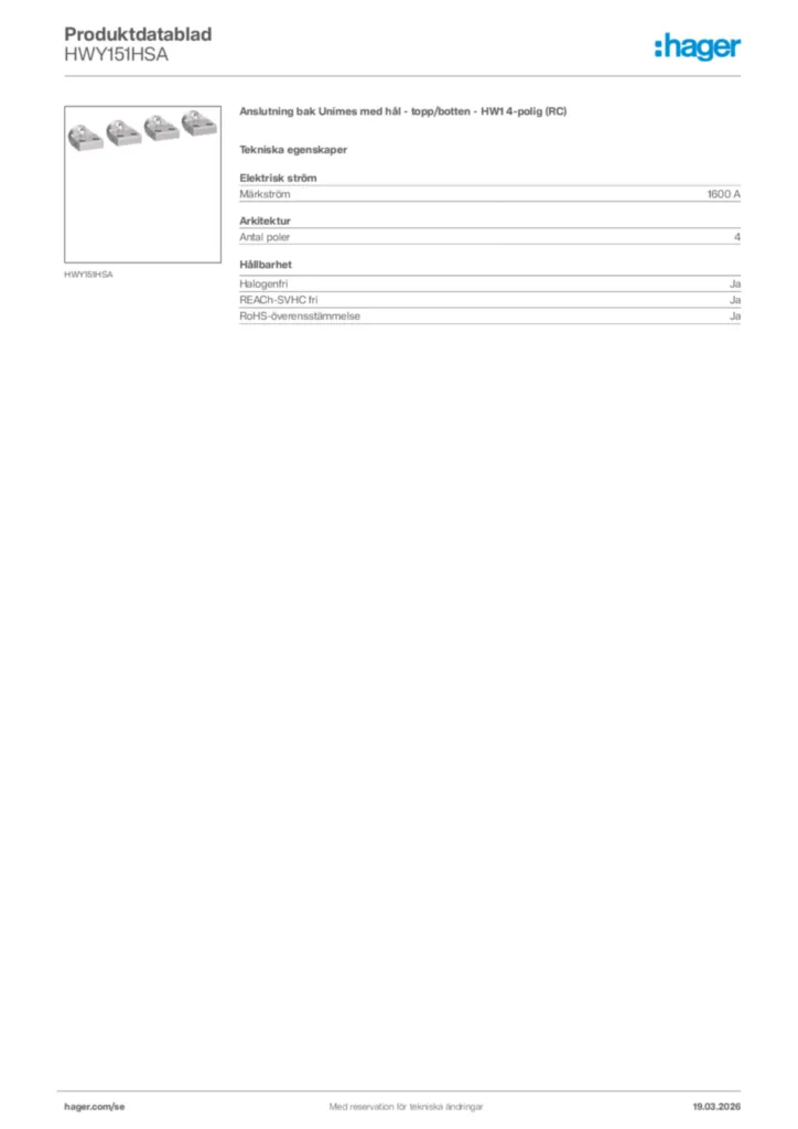 Bild Hager Produktdatablad HWY151HSA | Hager Sverige