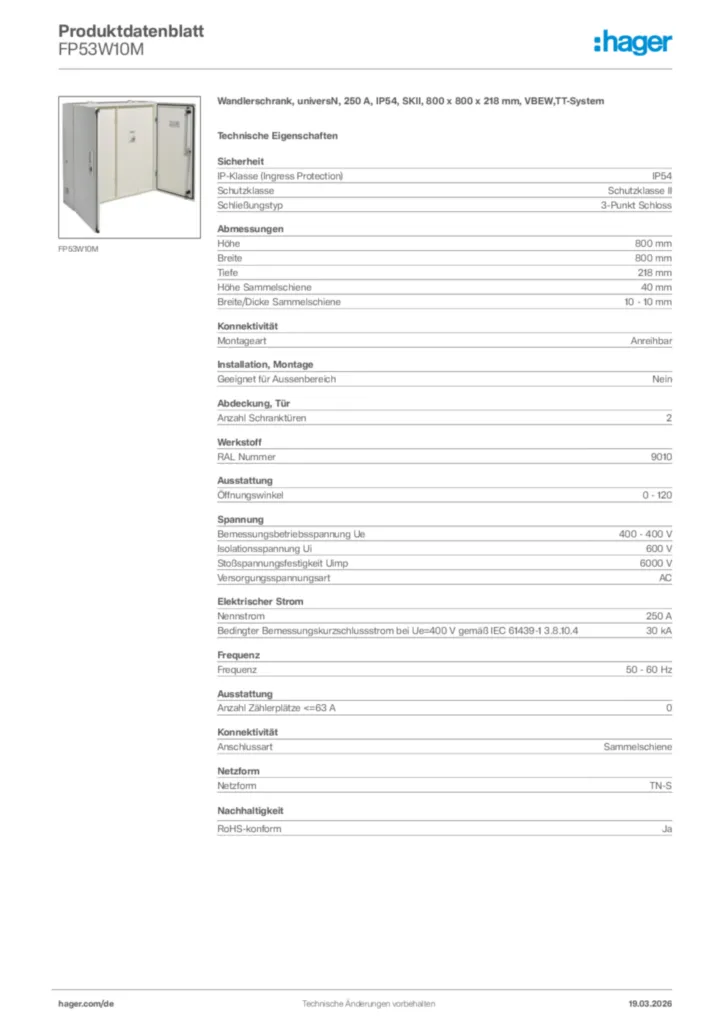Bild Hager Produktdatenblatt FP53W10M | Hager Deutschland