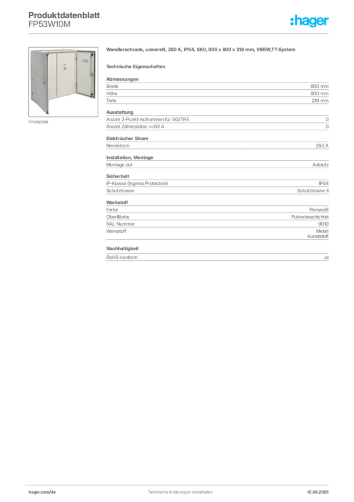 Bild Hager Produktdatenblatt FP53W10M | Hager Deutschland