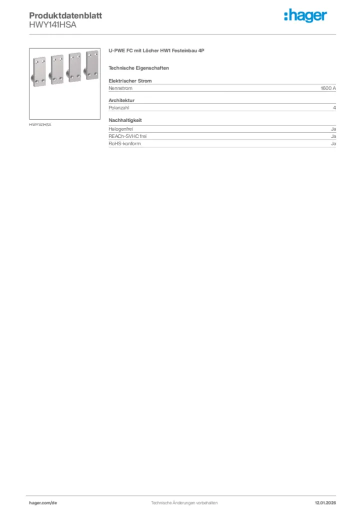 Bild Hager Produktdatenblatt HWY141HSA | Hager Deutschland