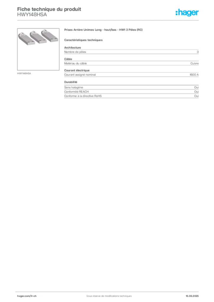 Image Hager Fiche technique du produit HWY148HSA | Hager Suisse