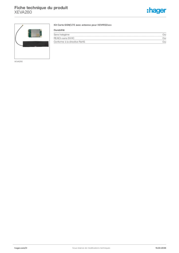 Image Hager Fiche technique du produit XEVA280 | Hager France