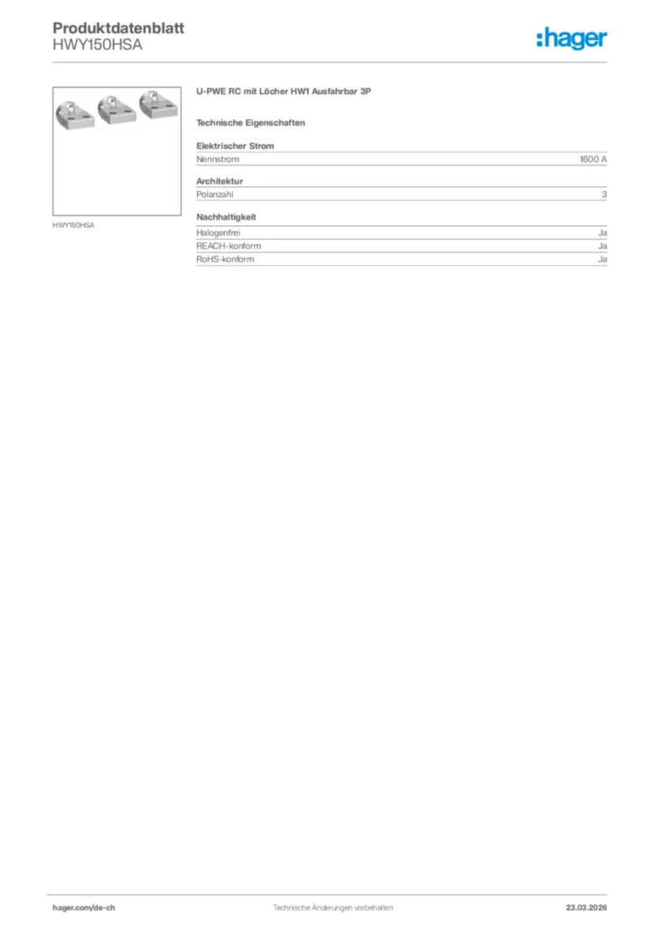 Bild Hager Produktdatenblatt HWY150HSA | Hager Schweiz