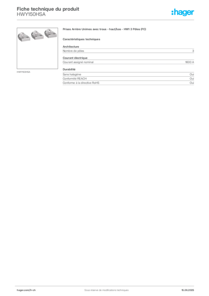 Image Hager Fiche technique du produit HWY150HSA | Hager Suisse