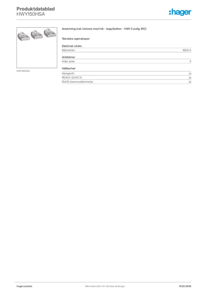 Bild Hager Produktdatablad HWY150HSA | Hager Sverige