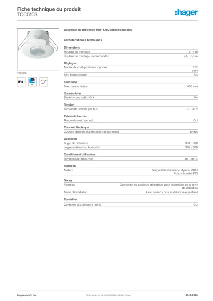 Image Hager Fiche technique du produit TCC510S | Hager Belgique