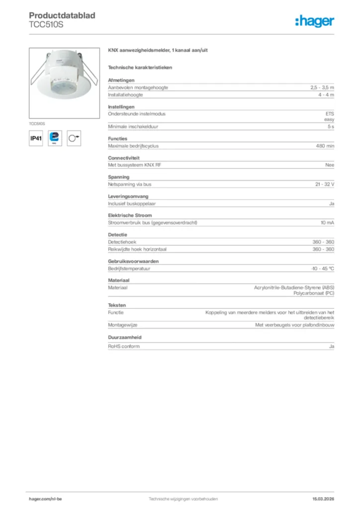 Afbeelding Hager Productdatablad TCC510S | Hager Belgium
