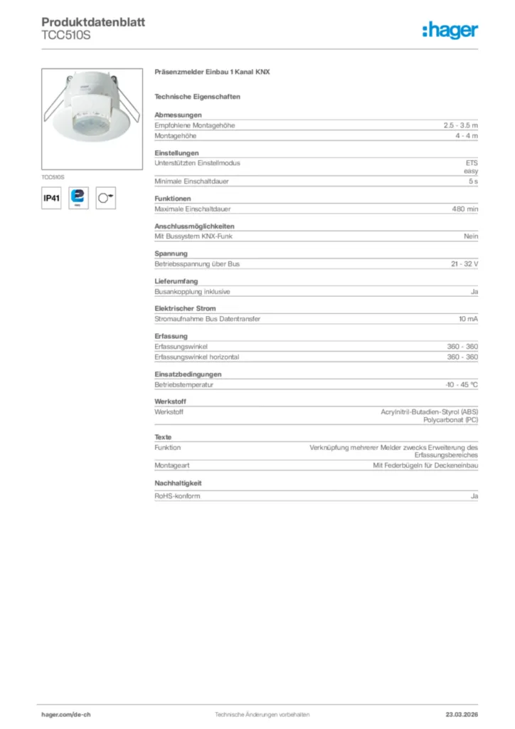Bild Hager Produktdatenblatt TCC510S | Hager Schweiz