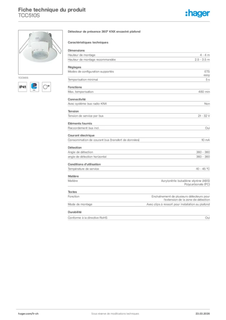 Image Hager Fiche technique du produit TCC510S | Hager Suisse