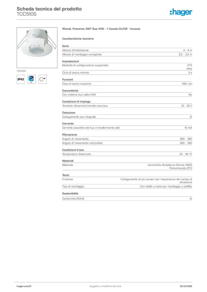 Immagine Hager Scheda tecnica del prodotto TCC510S | Hager Italia