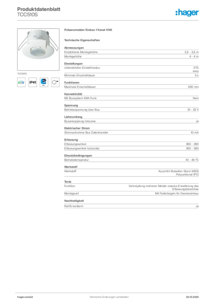 Bild Hager Produktdatenblatt TCC510S | Hager Deutschland