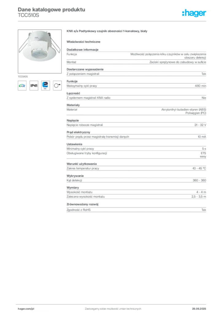 Zdjęcie Hager Dane katalogowe produktu TCC510S | Hager Polska