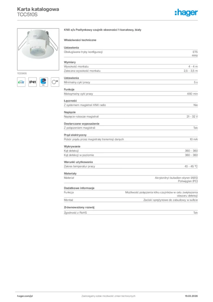 Zdjęcie Hager Karta katalogowa TCC510S | Hager Polska