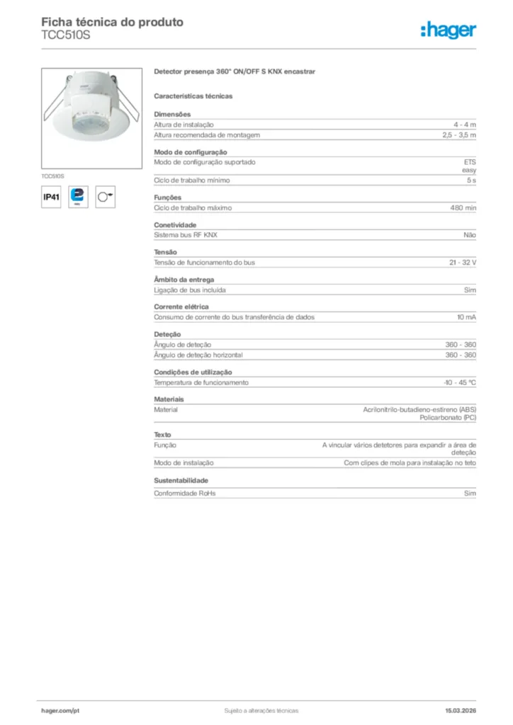 Imagem Hager Ficha técnica do produto TCC510S | Hager Portugal