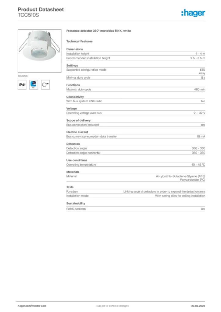 Image Hager Product data sheet TCC510S  | Hager