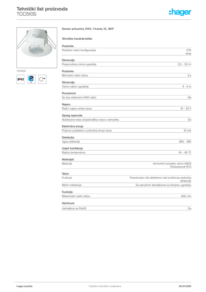 Slika Hager Product data sheet TCC510S  | Hager