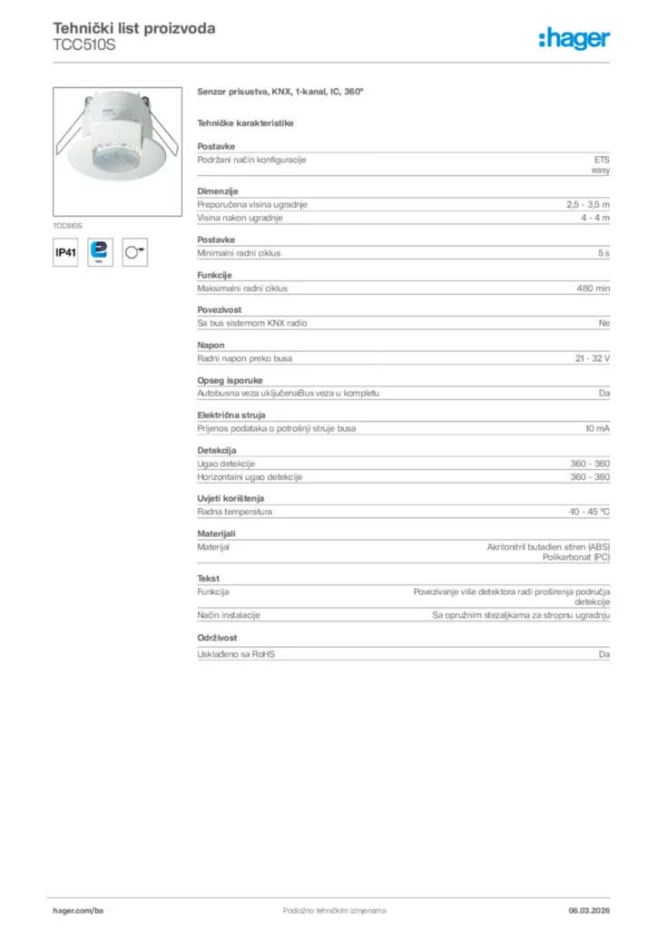 Slika Hager Tehnički list proizvoda TCC510S  | Hager