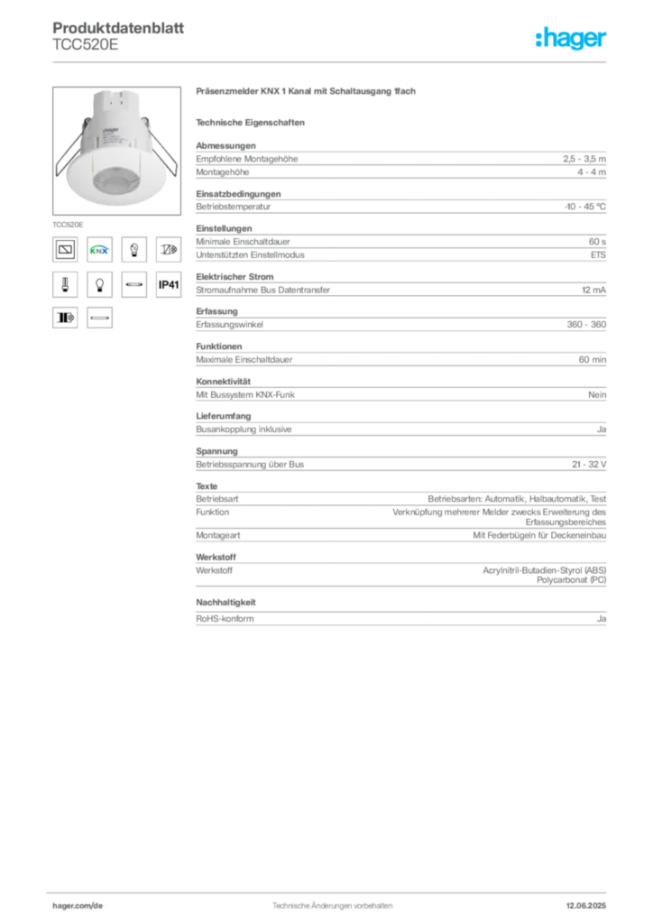 Hager Produktdatenblatt TCC520E