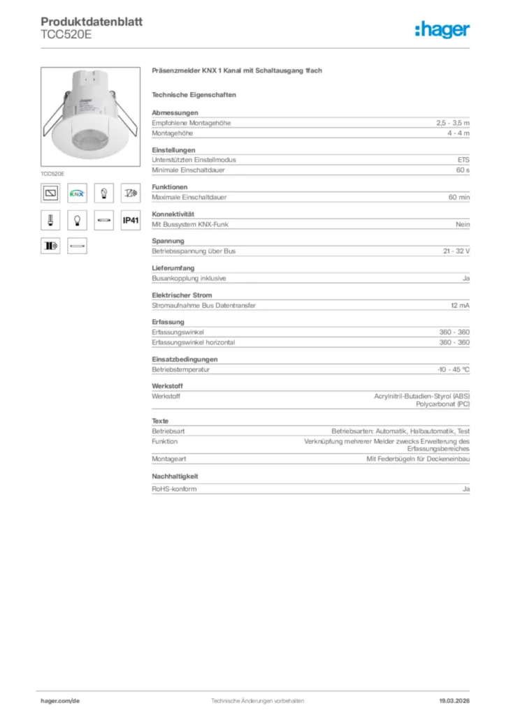 Bild Hager Produktdatenblatt TCC520E | Hager Deutschland