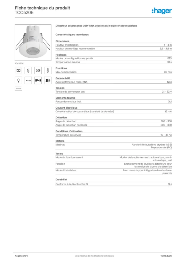 Image Hager Fiche technique du produit TCC520E | Hager France