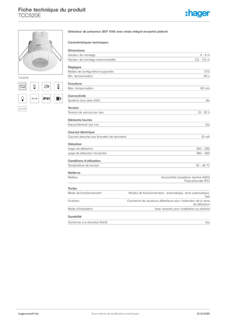 Image Hager Fiche technique du produit TCC520E | Hager Belgique