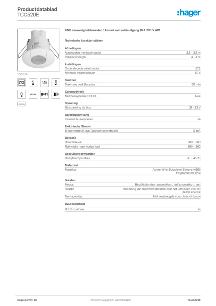 Afbeelding Hager Productdatablad TCC520E | Hager Belgium
