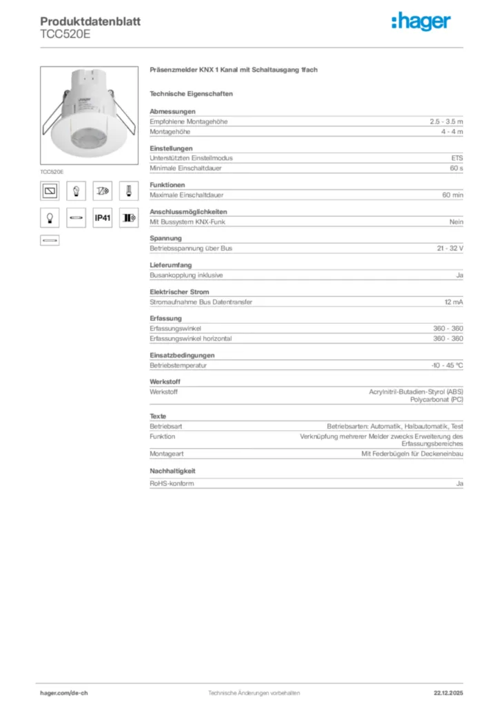 Bild Hager Produktdatenblatt TCC520E | Hager Schweiz
