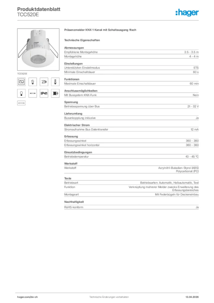 Bild Hager Produktdatenblatt TCC520E | Hager Schweiz