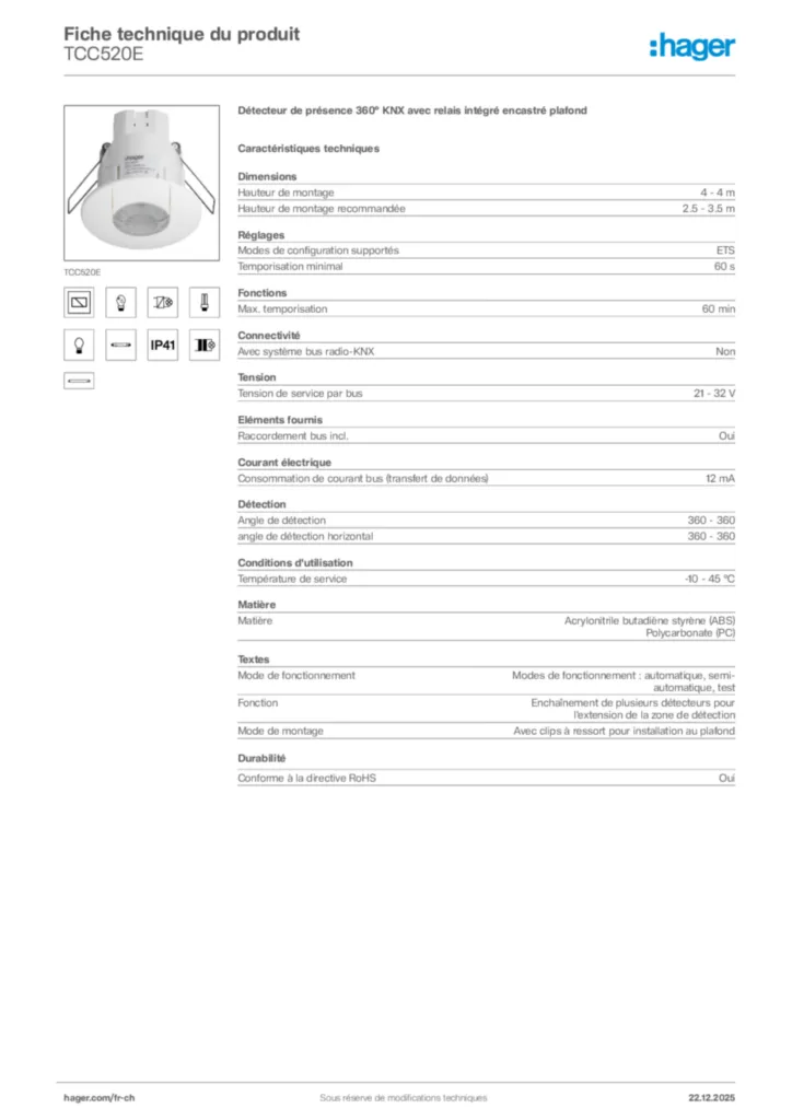 Image Hager Fiche technique du produit TCC520E | Hager Suisse