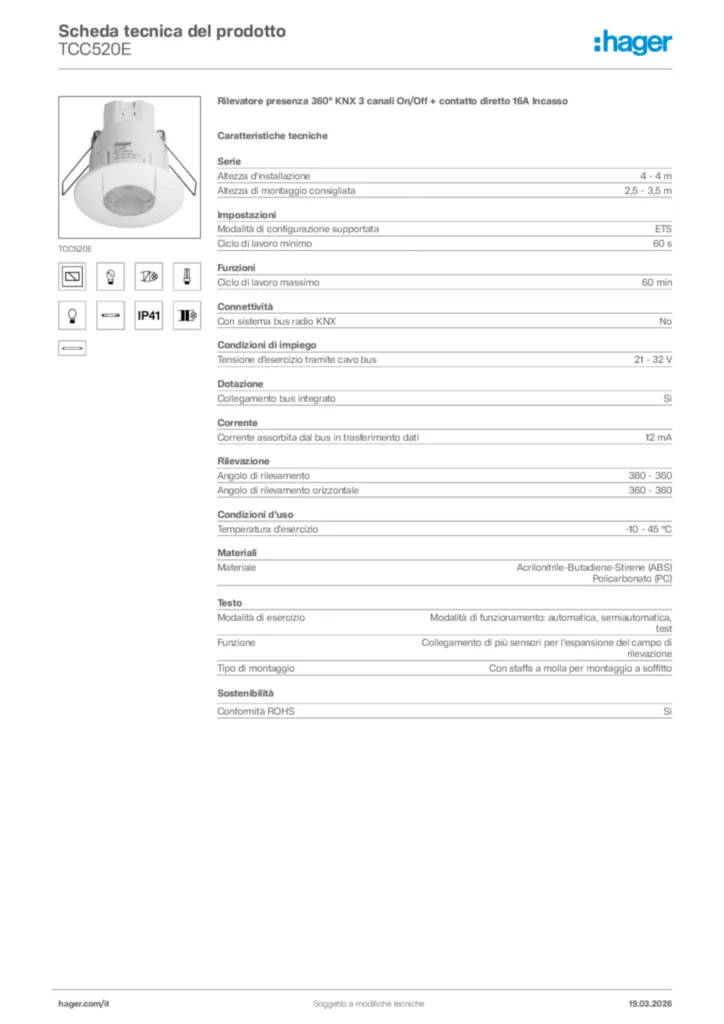 Immagine Hager Scheda tecnica del prodotto TCC520E | Hager Italia
