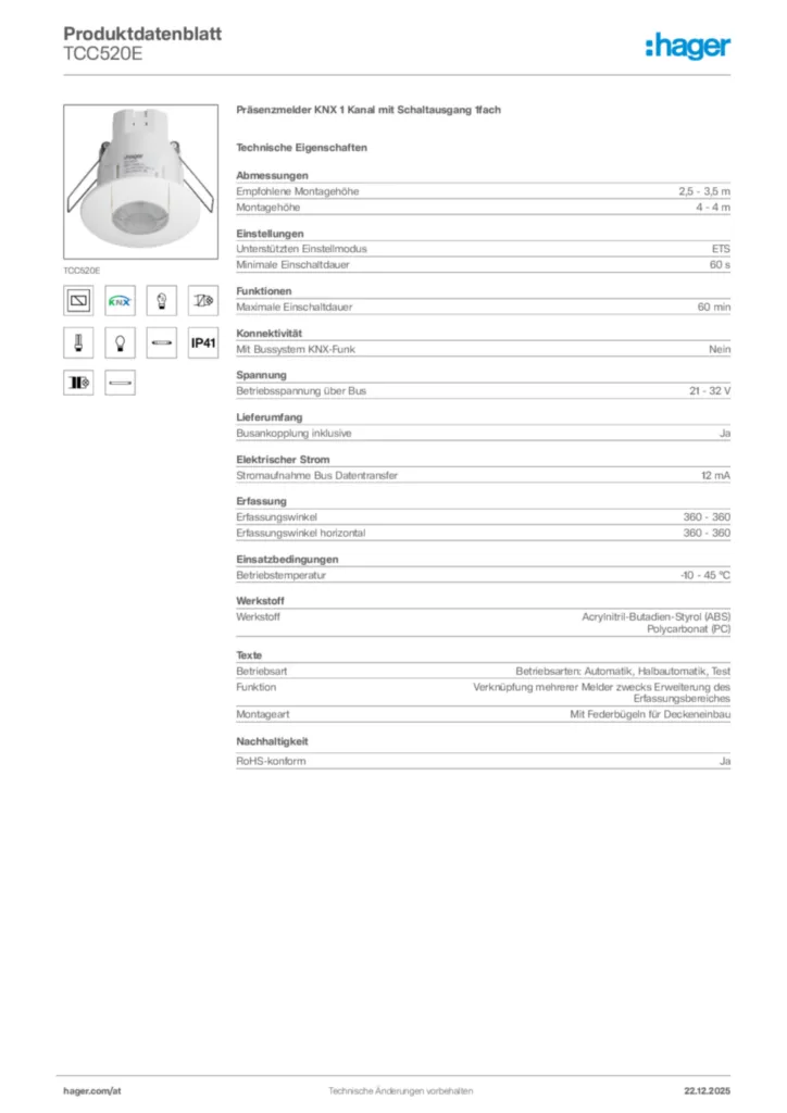 Bild Hager Produktdatenblatt TCC520E | Hager Deutschland