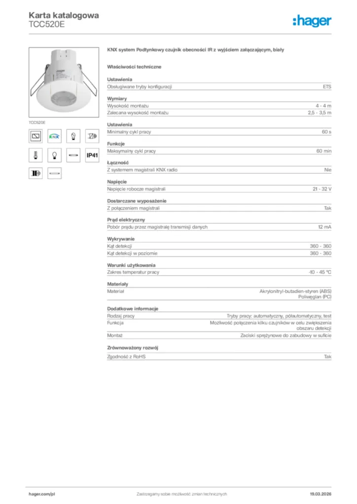 Zdjęcie Hager Karta katalogowa TCC520E | Hager Polska