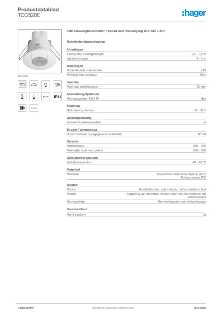 Afbeelding Hager Productdatablad TCC520E | Hager Nederland