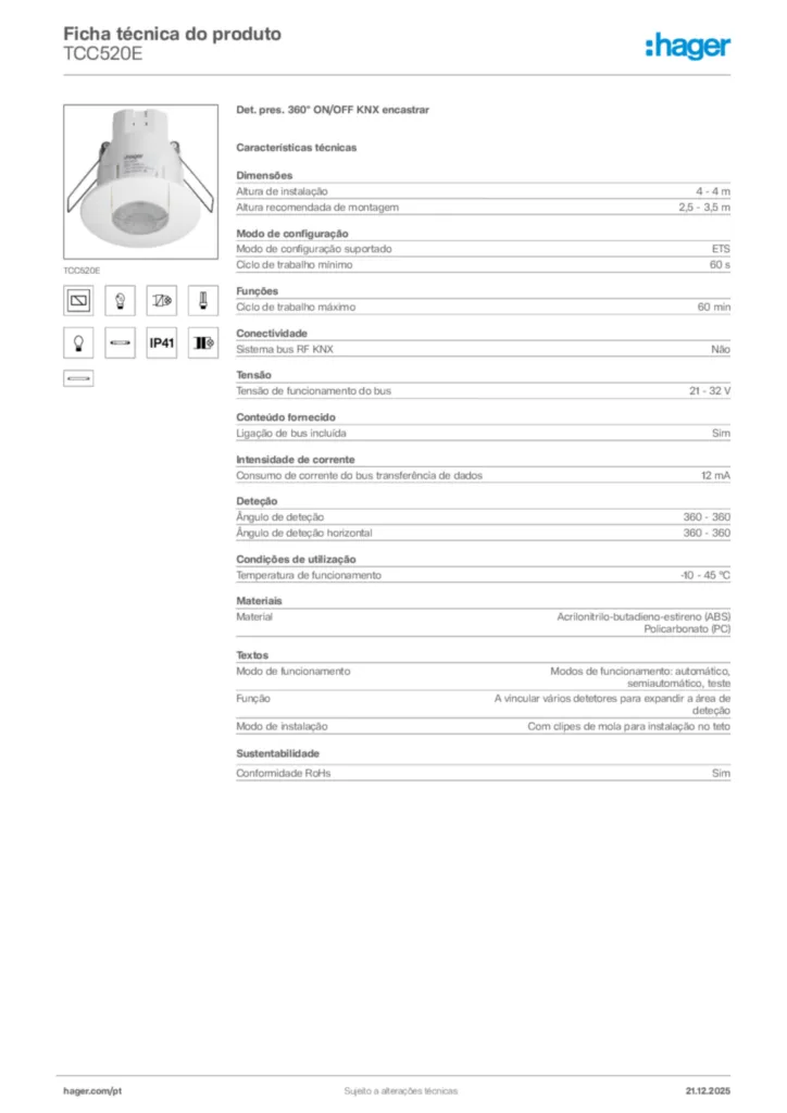 Imagem Hager Ficha técnica do produto TCC520E | Hager Portugal