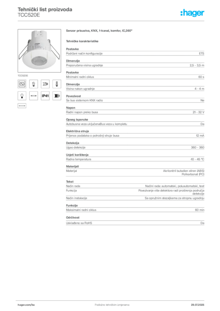 Slika Hager Product data sheet TCC520E  | Hager