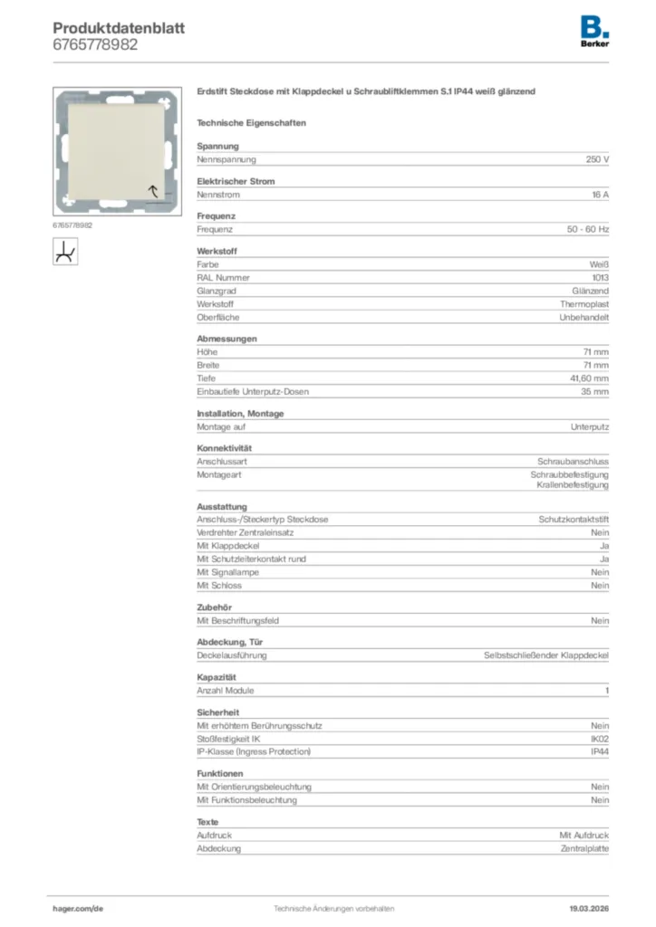 Bild Berker Produktdatenblatt 6765778982 | Hager Deutschland