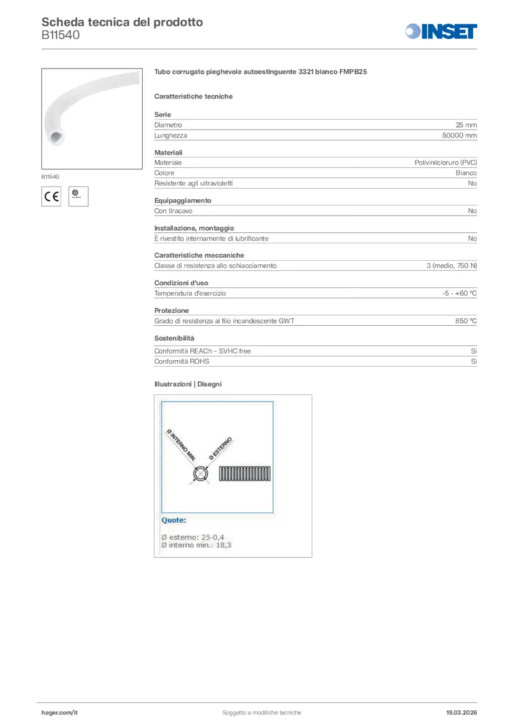 Immagine Inset Scheda tecnica del prodotto B11540 | Hager Italia