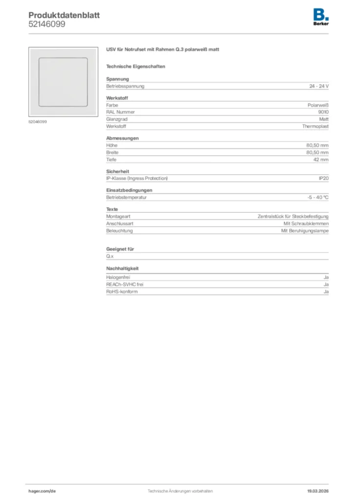 Bild Berker Produktdatenblatt 52146099 | Hager Deutschland