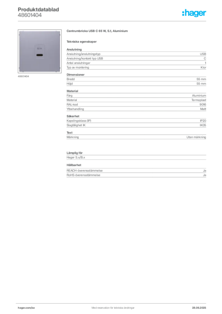Bild Hager Produktdatablad 48601404 | Hager Sverige