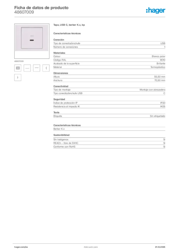 Imagen Hager Ficha de datos de producto 48607009 | Hager España