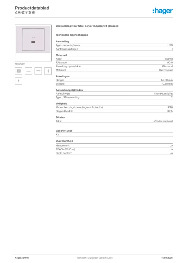 Afbeelding Hager Productdatablad 48607009 | Hager Nederland