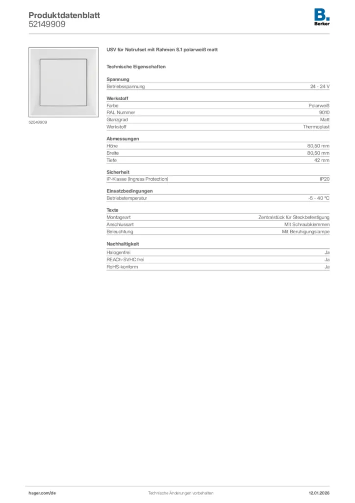 Bild Berker Produktdatenblatt 52149909 | Hager Deutschland